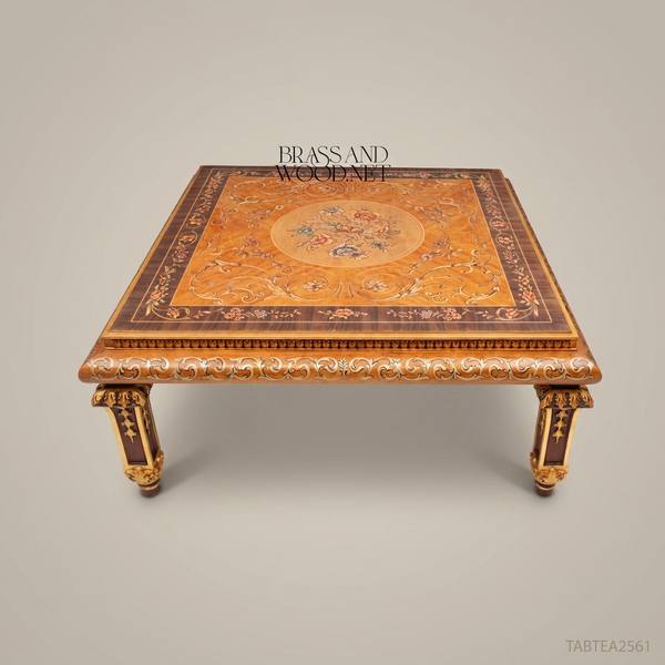 Empire Marquetry Coffee Table | Gold Leaf Carved Legs & Floral Inlay — handcrafted by Brass & Wood