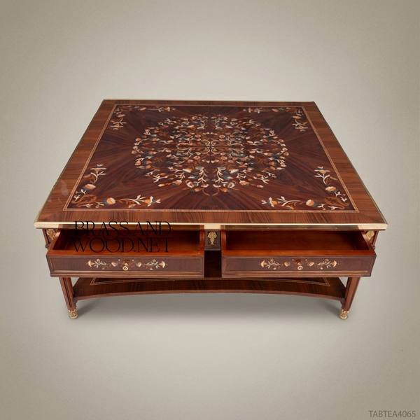 Louis XVI Neoclassical Coffee Table with Marquetry Top & Brass Mounts — handcrafted by Brass & Wood