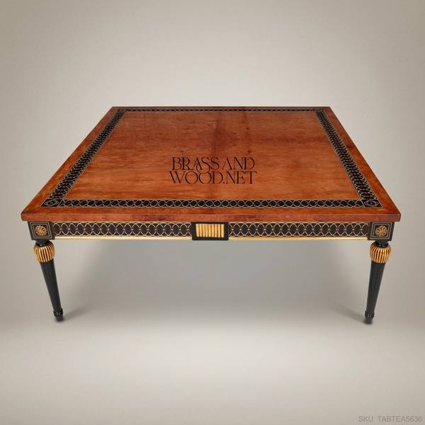 Empire Neoclassical Tea Table | Amboyna Burl & Gold Leaf Brass Inlay — handcrafted by Brass & Wood