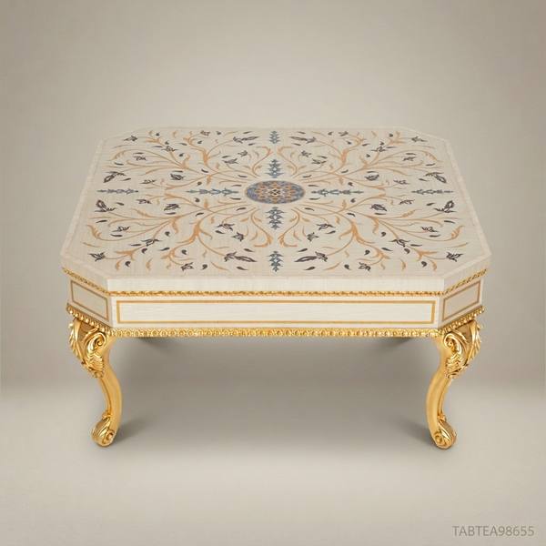 Louis XV Rococo Coffee Table | Ivory Lacquer & Gold Leaf with Floral Inlay Tabletop — handcrafted by Brass & Wood