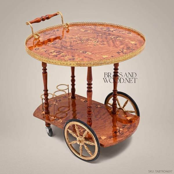 Victorian Marquetry Tea Trolley | Solid Walnut & Antique Brass — handcrafted by Brass & Wood