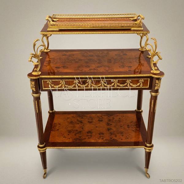 Louis XVI Neoclassical Tea Trolley | Burr Walnut & Gilt Bronze Ormolu — handcrafted by Brass & Wood