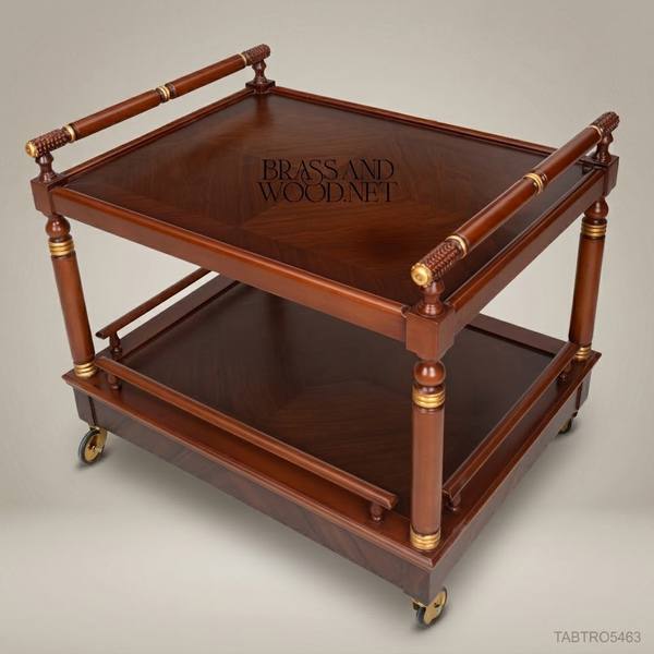 Empire Tea Trolley | Solid Mahogany & Antique Brass Two-Tier Serving Cart — handcrafted by Brass & Wood