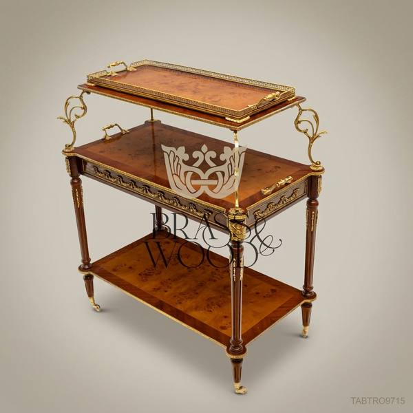 Louis XVI Neoclassical Tea Trolley – Burl Wood & Gilt Brass — handcrafted by Brass & Wood