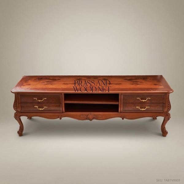 Louis XV Rococo TV Console with Burl Veneer Drawers & Carved Cabriole Legs — handcrafted by Brass & Wood