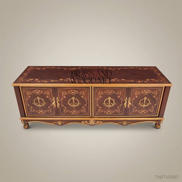 Napoleon III Rococo Revival TV Cabinet – Gilt Marquetry Inlay & Fleur-de-Lys Brass Handles — handcrafted by Brass & Wood