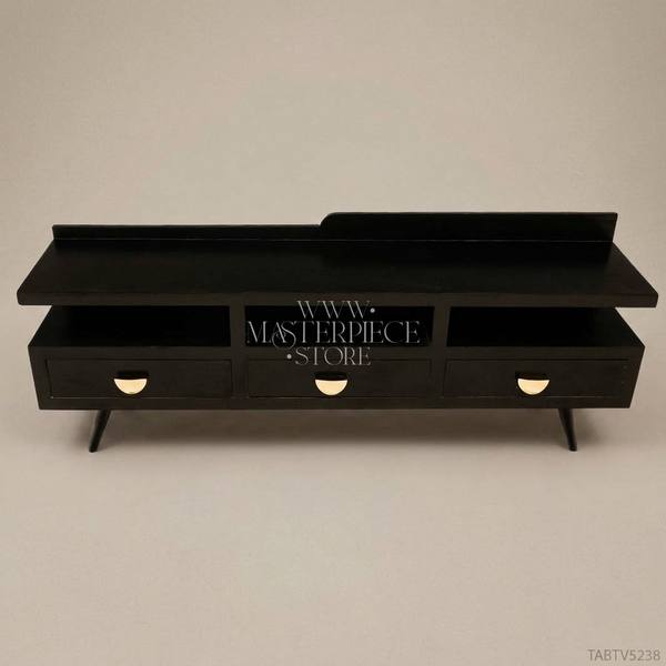 Mid-Century Modern Black Lacquered TV Console - Three Drawers with Brass D-Pulls — handcrafted by Brass & Wood
