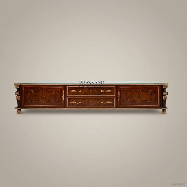 Napoleon III Rococo Revival TV Console — Floral Marquetry & Gilt Brass Mounts — handcrafted by Brass & Wood