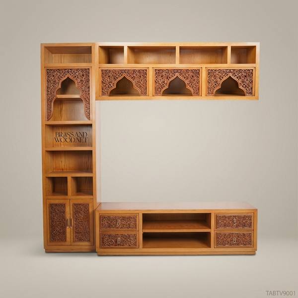 Arabesque Solid Wood TV Unit with Hand-Carved Muqarnas Arch Panels — handcrafted by Brass & Wood