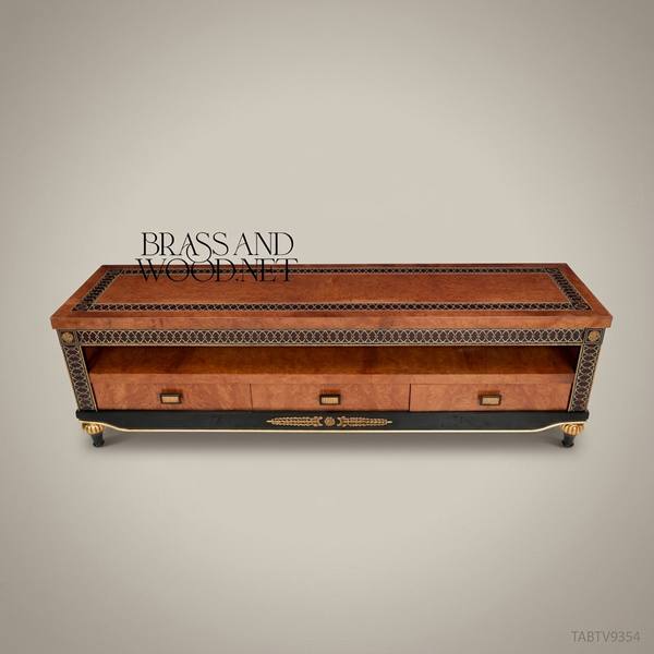 Empire Burled Veneer TV Console with Interlaced Brass-Inlay Border & Ebonized Base — handcrafted by Brass & Wood
