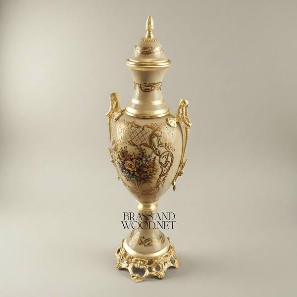 Neoclassical Ceramic Lidded Urn Vase with Floral Medallion & Ornate Brass Mounts — handcrafted by Brass & Wood