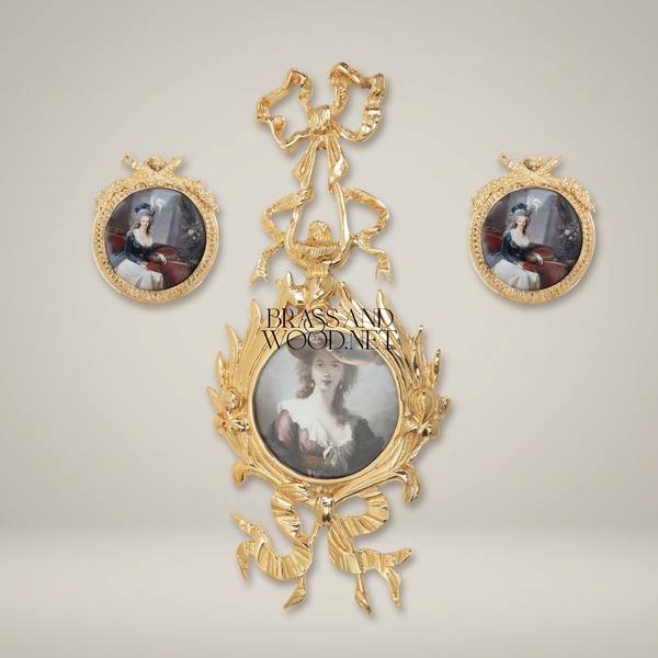 Louis XVI Neoclassical Brass Round Portrait Frame with Ribbon & Laurel Crown — handcrafted by Brass & Wood