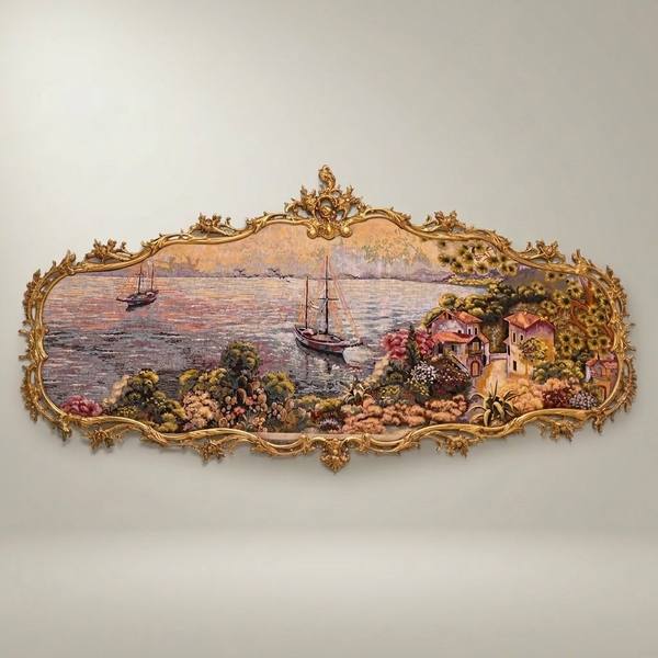 Rococo Gilded Wall Frame with Panoramic Harbor Tapestry Scene — handcrafted by Brass & Wood
