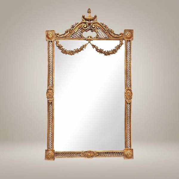 Neoclassical Hand-Carved Wall Mirror with Floral Swag Pediment & Reticulated Frame — handcrafted by Brass & Wood