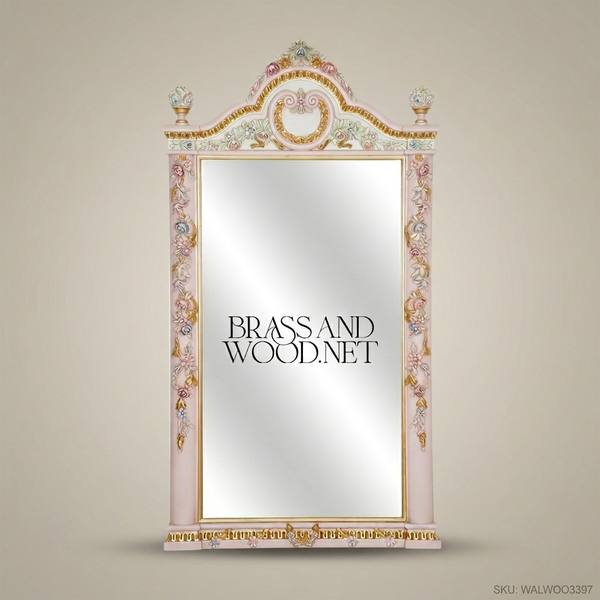 Rococo Full-Length Floor Mirror – Dusty Rose Carved Wood & Gold Leaf Floral Frame — handcrafted by Brass & Wood