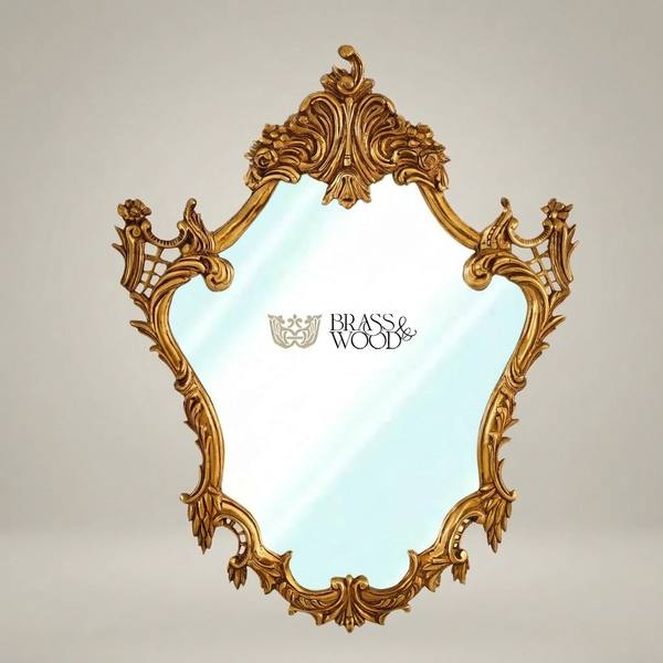 Rococo Shield-Form Wall Mirror with Acanthus Crown & Rose Cartouche Frame — handcrafted by Brass & Wood