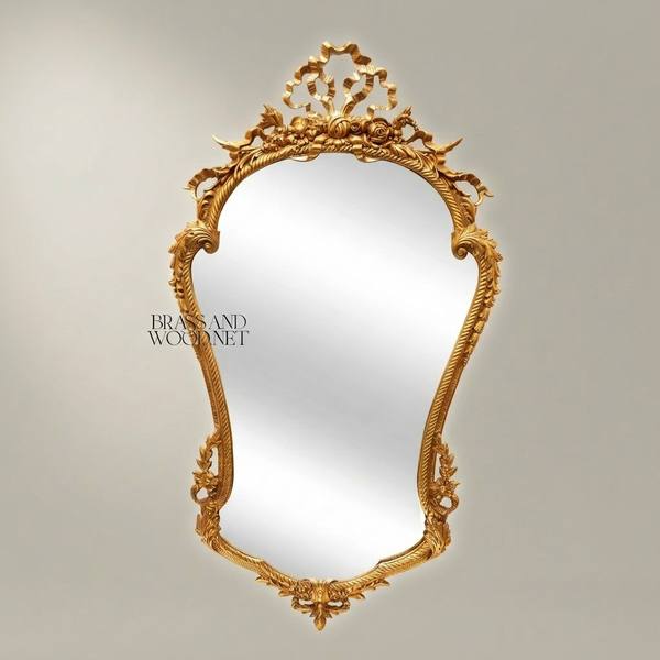 Rococo Hand-Carved Wall Mirror with Rose Garland Crown & Rope-Twist Frame — handcrafted by Brass & Wood
