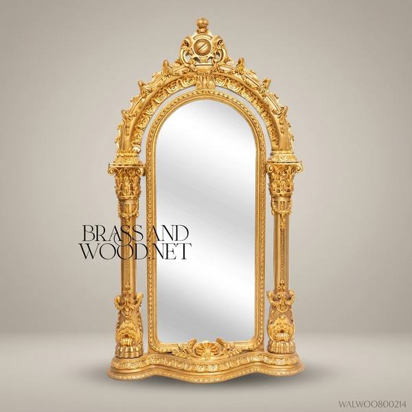 Napoleon III Baroque Revival Gilded Arched Floor Mirror – Corinthian Column Pilasters & Mascaron Base — handcrafted by Brass & Wood
