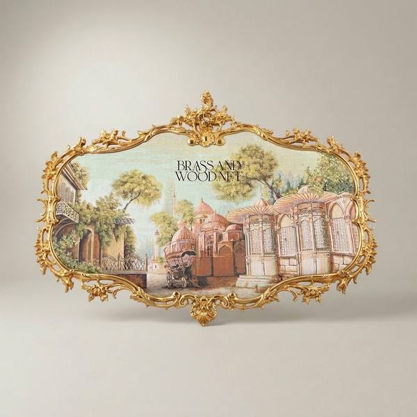 Rococo Brass Frame with Oriental Cityscape Tapestry - Cartouche Shape — handcrafted by Brass & Wood
