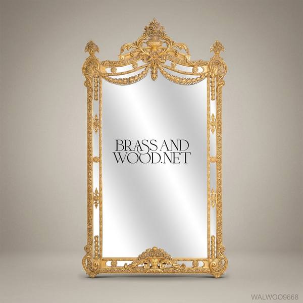Louis XVI Gold Leaf Full-Length Floor Mirror – Ornate Carved Floral Frame — handcrafted by Brass & Wood