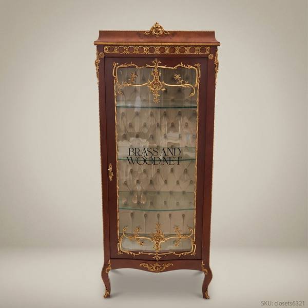 Napoleon III Rococo Revival Mahogany Single-Door Vitrine with Gilt Bronze Mounts & Capitonné Interior — handcrafted by Brass & Wood