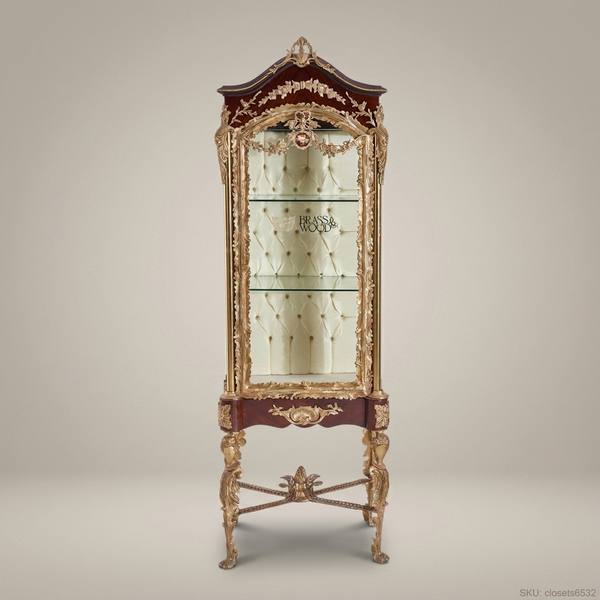 Napoleon III Rococo Revival Vitrine with Capitonné Back & Figural Gilt Legs — handcrafted by Brass & Wood